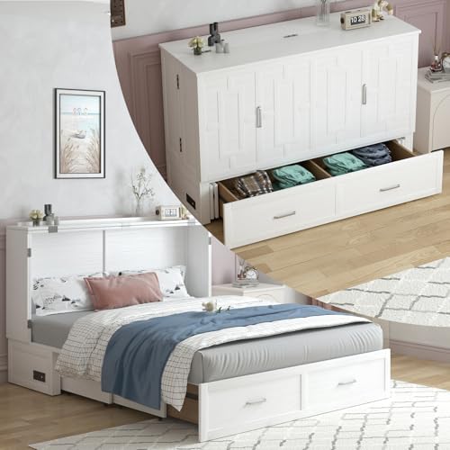 PUREMIND Queen Murphy Bed Cabinet with 2 Storage Drawers and USB Charging Station R5817