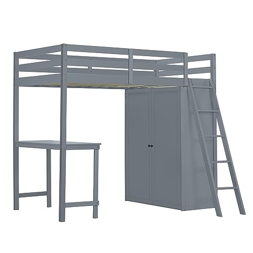Harper & Bright Designs Full Size Loft Bed with Wardrobe and Desk, Solid Wood, White R4710