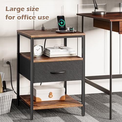 SUPERJARE Nightstand with Charging Station, Fabric Drawer, 3-Tier Storage, Walnut K366263
