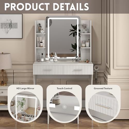 White Vanity Desk with LED Mirror and Storage Stool D5834