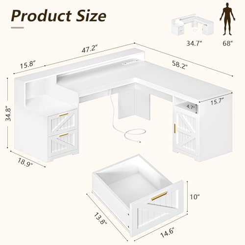 63" Farmhouse L Shaped Desk with Drawers, Power Outlets & Storage Shelf Q538