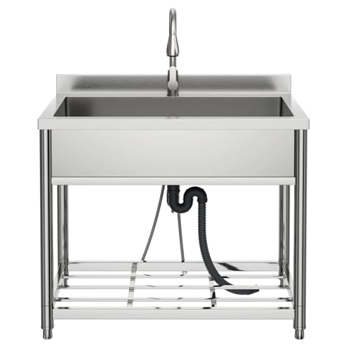 Stainless Steel Large Utility Sink Single Bowl Freestanding with Pull-Out Faucet T135