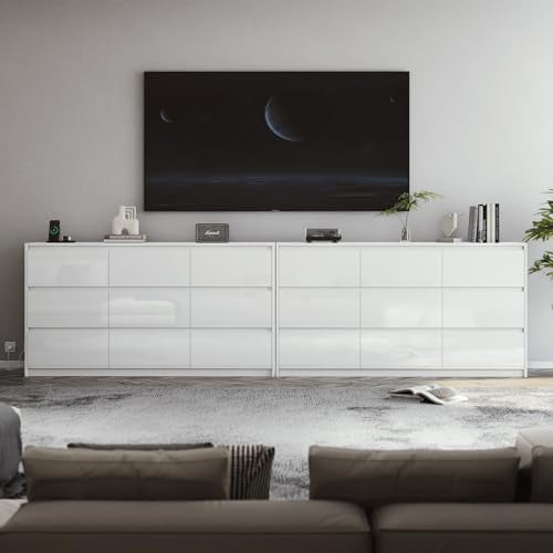 White 10 Drawer Dresser for Bedroom, High Gloss Modern TV Stand D4767