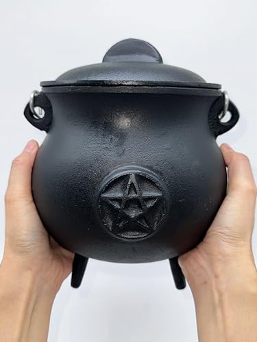 X-Large Pentacle Cast Iron Cauldron with Lid and Handle, 7.5" Diameter I70629