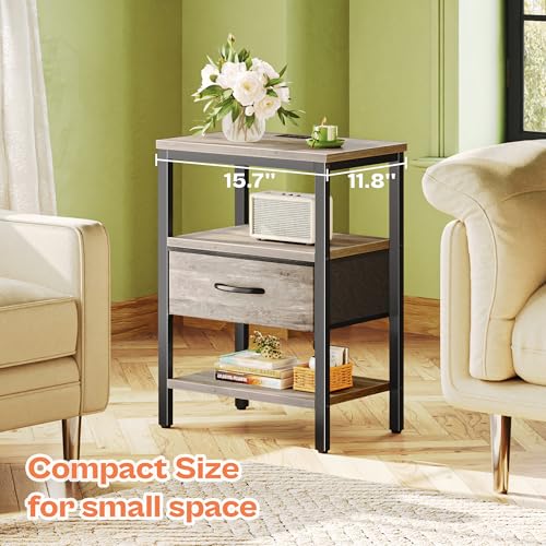 SUPERJARE Nightstand with Charging Station, Fabric Drawer, 3-Tier Storage, Walnut K366263