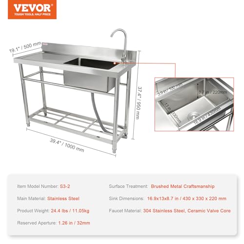VEVOR Stainless Steel Utility Sink with Workbench Faucet and Legs, 39.4 x 19.1 x 37.4 in L559