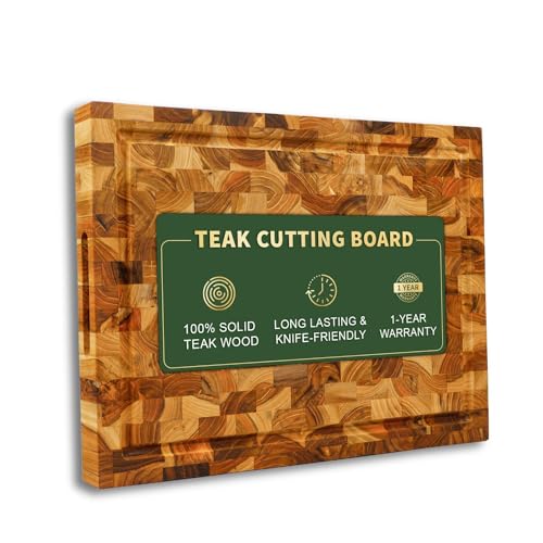 BEEFURNI Teak Wood End Grain Cutting Board, Wooden Cutting Boards for Kitchen with Juice Groove Hand Grip, Gifts for Her, Kitchen Gadget Gifts, 1 Year Warranty (Medium (18x14x1.5 inches))