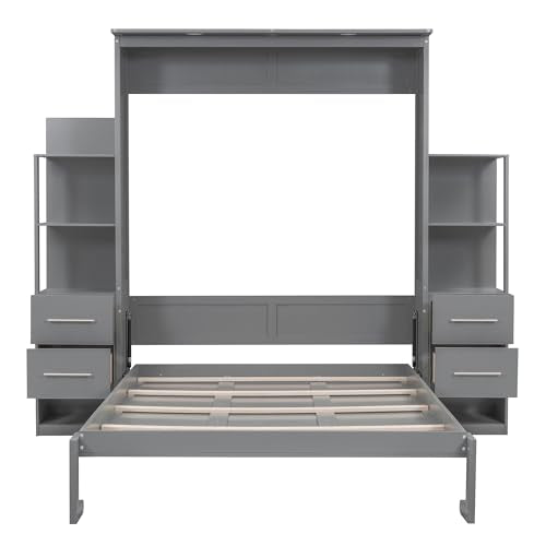 Queen Size Murphy Bed Wall Bed with Shelves, Gray R99857