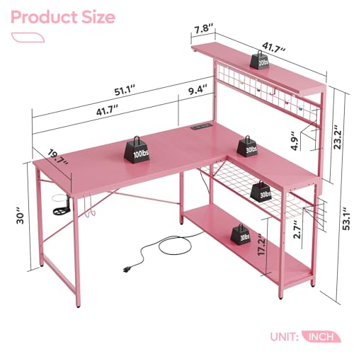 Bestier 42 L Gaming Desk with Power Outlets, LED Lights and Shelves D8630