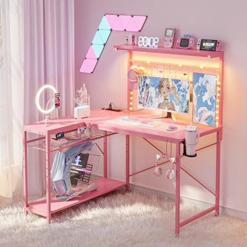 Bestier 42 L Gaming Desk with Power Outlets, LED Lights and Shelves D8630