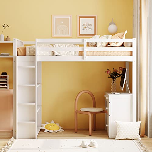 Harper & Bright Designs Full Size Loft Bed with Wardrobe and Desk, Solid Wood, White R4710