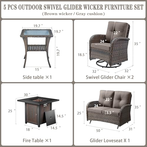 Outdoor Wicker Swivel Rocker Chairs Set of 2 with Rattan Side Table, Brown/Blue B592