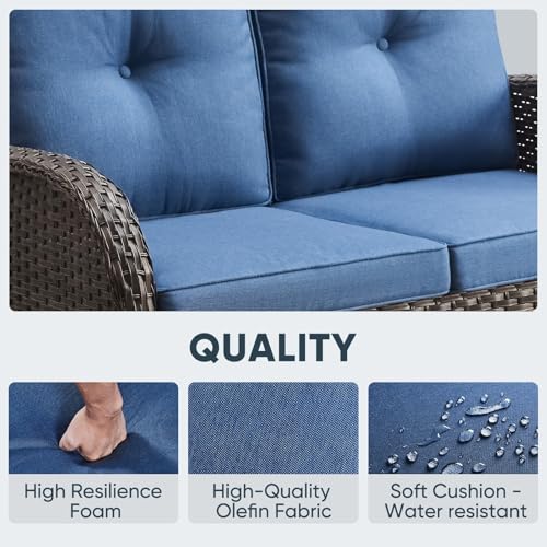 Outdoor Wicker Swivel Rocker Chairs Set of 2 with Rattan Side Table, Brown/Blue B592