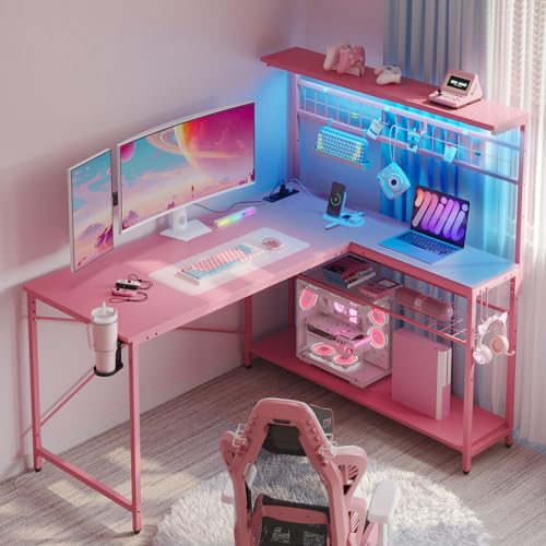 Bestier 42 L Gaming Desk with Power Outlets, LED Lights and Shelves D8630