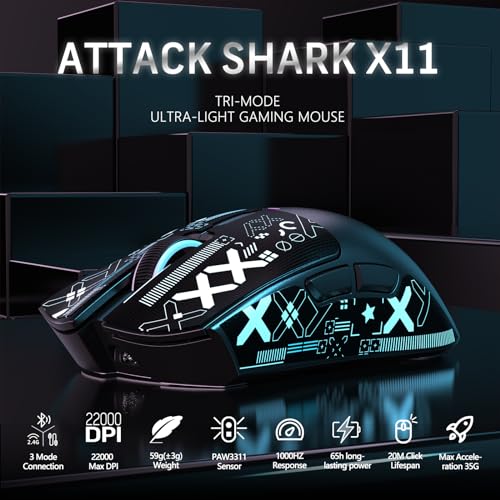 Attack Shark X11 59g Superlight Wireless Gaming Mouse with RGB Charging Dock, Black W869