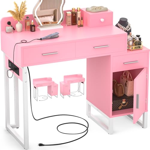 Black Vanity Desk with 4 Drawers and Charging Station O896
