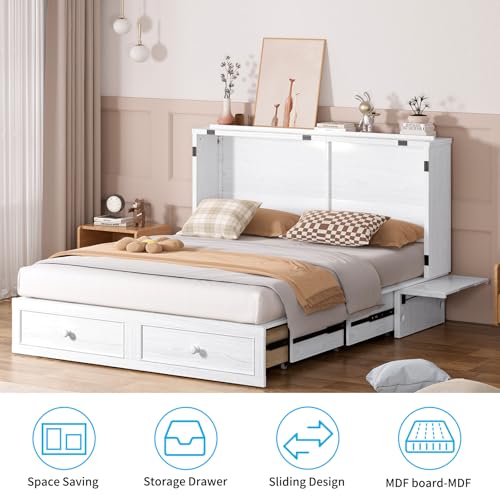 Mjkone Queen Murphy Bed Cabinet with Tri-Folding Mattress, White E6299