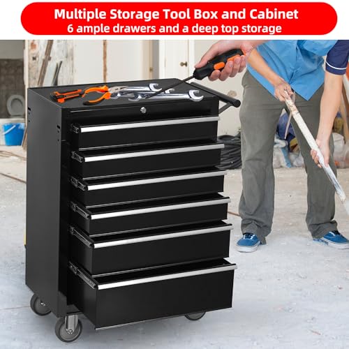 6-Drawer Rolling Tool Chest Cabinet with Wheels and Locking, Black W270288