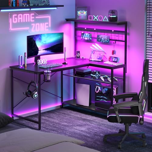 Bestier 42 L Gaming Desk with Power Outlets, LED Lights and Shelves D8630