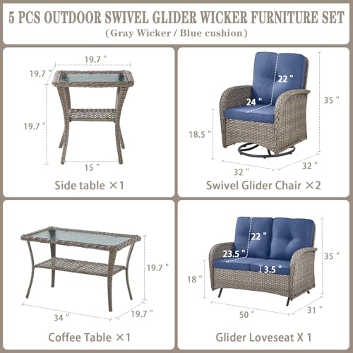 Outdoor Wicker Swivel Rocker Chairs Set of 2 with Rattan Side Table, Brown/Blue B592