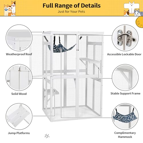 COZIWOW Catio Outdoor Cat Enclosure with Window Access, Wooden Kitty Cage, White T1021