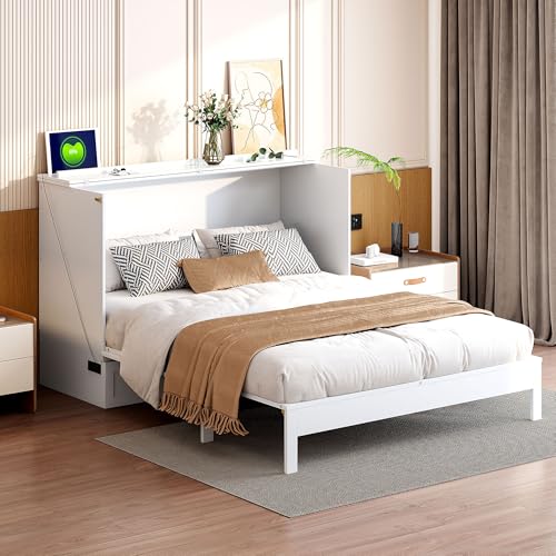 Harper & Bright Designs Queen Murphy Bed Cabinet with USB Charging Station, White D9669