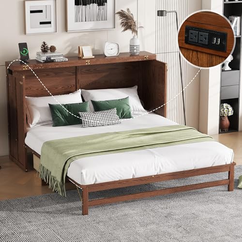 Queen Murphy Bed Cabinet with Storage Drawer and Charging Station, Solid Pine, White A401