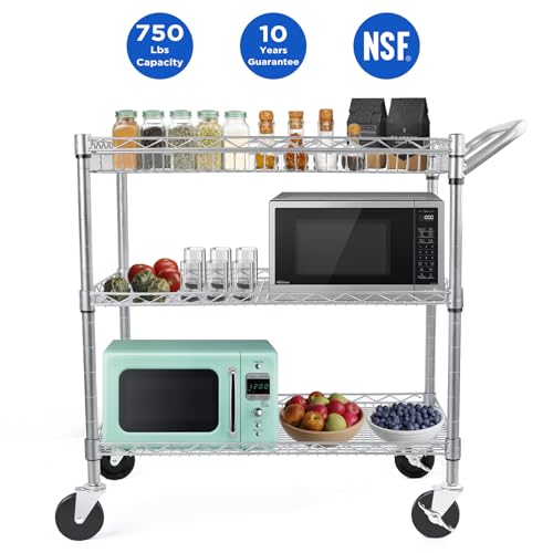 WDT Heavy Duty 3 Tier Utility Cart with Wheels, Commercial Grade Service Cart, 750LBS Capacity Silver L466