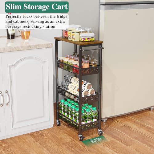 Utility Slim Storage Cart 4-Tier Rolling Cart with Wood Top A517006