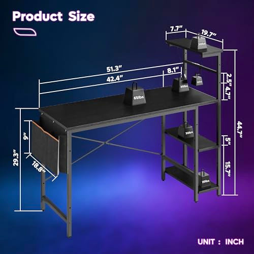 Bestier Gaming Desk with LED Lights, 51.3 Inch Computer Desk Q970