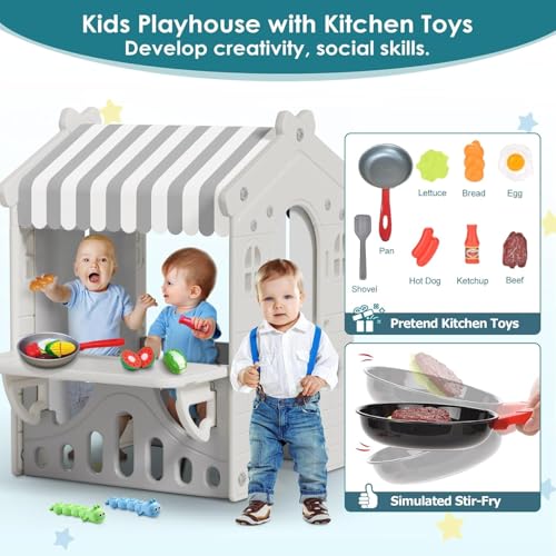BIERUM Kids Playhouse with Pretend Play Kitchen Toys, Indoor Toddler Play Tent Beige Gray A198765