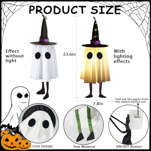 Halloween Hanging Ghosts with Witch Hat Lights, Set of 4 for Outdoor Yard Decor H703891