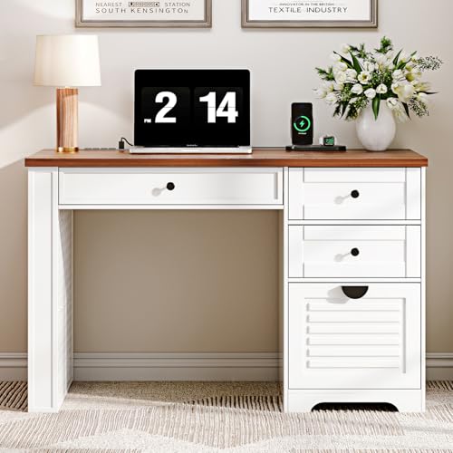 59" Home Office Desks, Executive Desk, Farmhouse Computer Desk with 7 Drawers and Charging Station, File Drawer, Rustic Computer Writing Desk,Antique Cream