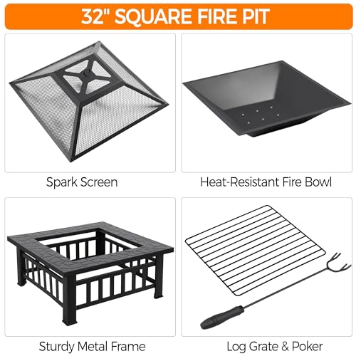 Yaheetech Fire Pit Table 32in Square Metal Outdoor Patio Fireplace L506