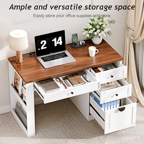 Antique Cream 59" Executive Farmhouse Computer Desk with 7 Drawers and Charging Station R75936