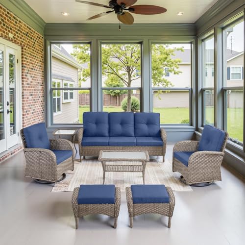 Outdoor Wicker Swivel Rocker Chairs Set of 2 with Rattan Side Table, Brown/Blue B592