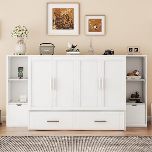 Ball & Cast Queen Size Solid Pine Murphy Bed with Charging Station, White + Walnut P2075