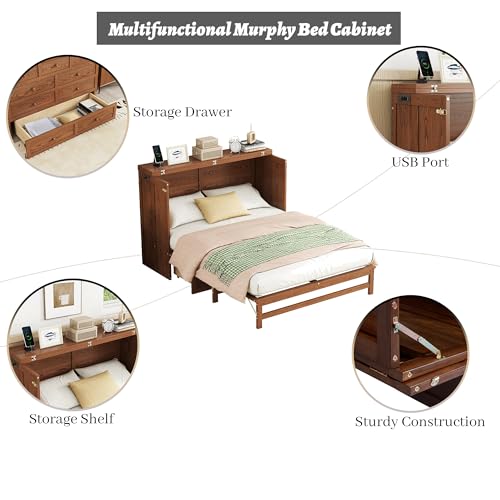 Queen Murphy Bed Cabinet with Storage Drawer and Charging Station, Solid Pine, White A401