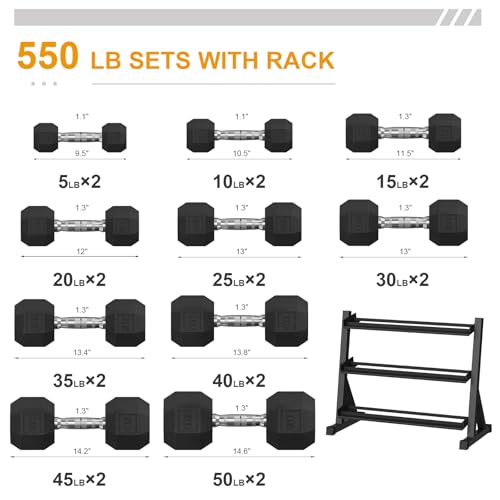 Rubber Coated Hex Dumbbell Weight Set with Rack for Home Gym T691259