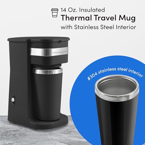 Elite Gourmet EHC113 Personal Single-Serve Coffee Maker with Thermal Travel Mug, Black B70143