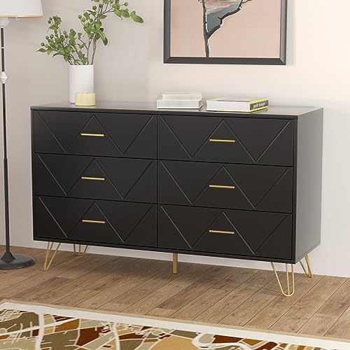 LYNSOM White Dresser, 6 Drawer Chest with Metal Handles for Bedroom A614366