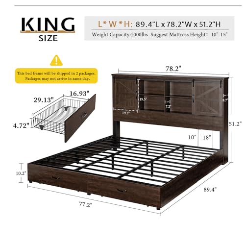 VanAcc Full Size Wooden Platform Bed with Bookcase Headboard and 2 Drawers O6158