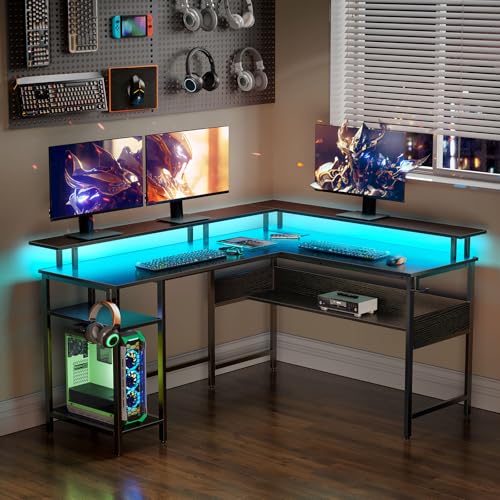 Rolanstar Computer Desk 56.7" with LED Lights and Power Outlets, Carbon Fiber Surface K1543