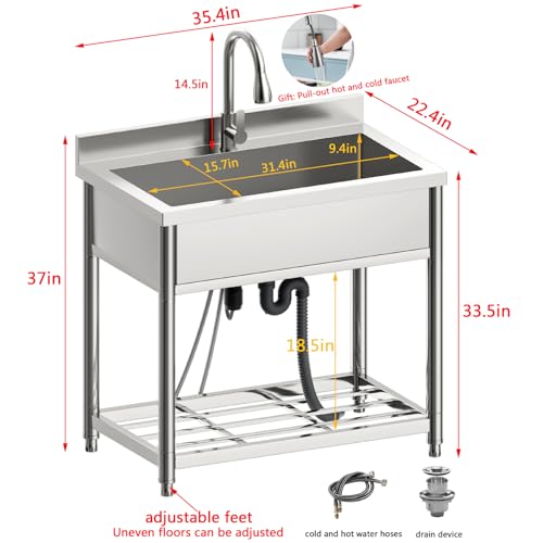 Stainless Steel Large Utility Sink Single Bowl Freestanding with Pull-Out Faucet T135