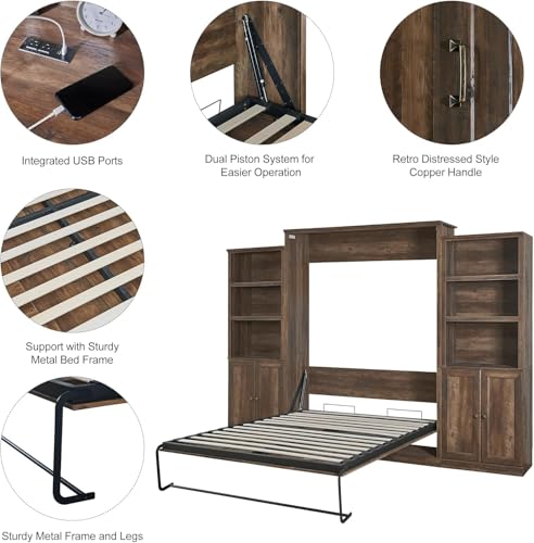 MERITLINE Queen Murphy Bed with Storage Bookcase and Charging Station E996