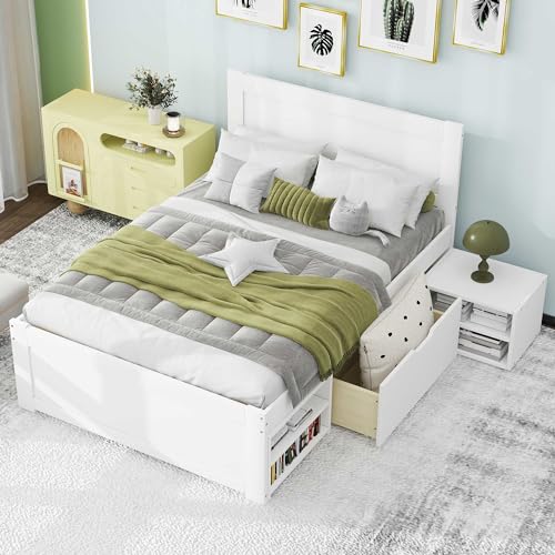 SOFTSEA Full Size Platform Bed with Storage, Platform Bed with Drawers and Bed End Case, Wood Platform Bed Frame with Storage Bookcase Headboard, No Box Spring Needed, White