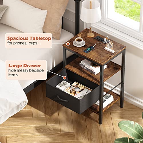 SUPERJARE Nightstand with Charging Station, Fabric Drawer, 3-Tier Storage, Walnut K366263