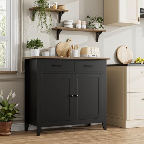 HORSTORS Kitchen Storage Cabinet, Farmhouse Buffet with 2 Drawers and 2 Doors, Grey A4009