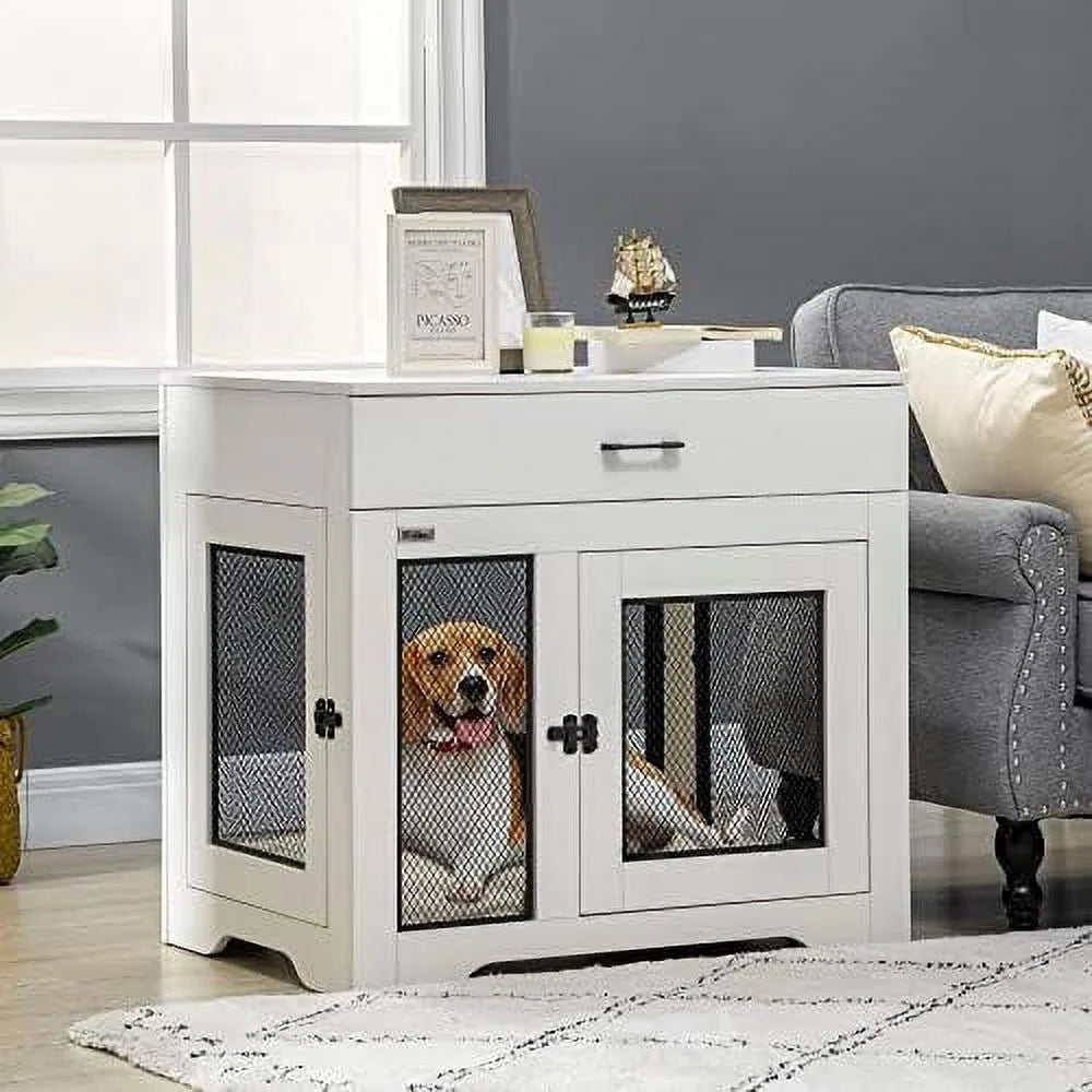 White Dog Crate Furniture with Cushion and Drawer Q96474