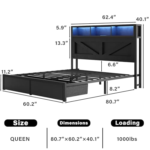 Farmhouse Full Bed Frame with Bookcase Headboard, LED Lights and Charging Station M527023